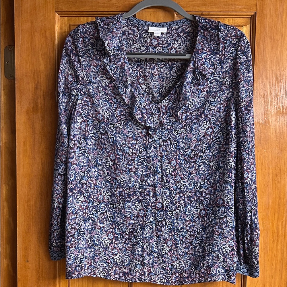 Women’s Paisley Ruffle V-Neck Long Sleeve Top - Navy Multi